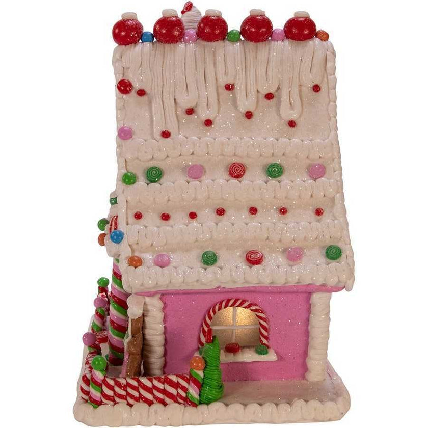 10-Inch Pink Battery-Operated Candy LED Gingerbread House Table Piece