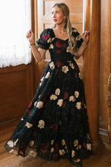 Amora Dress in Obsidian Rose Embroidery