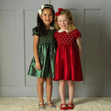 Red Taffeta Rosebud Smocked Dress