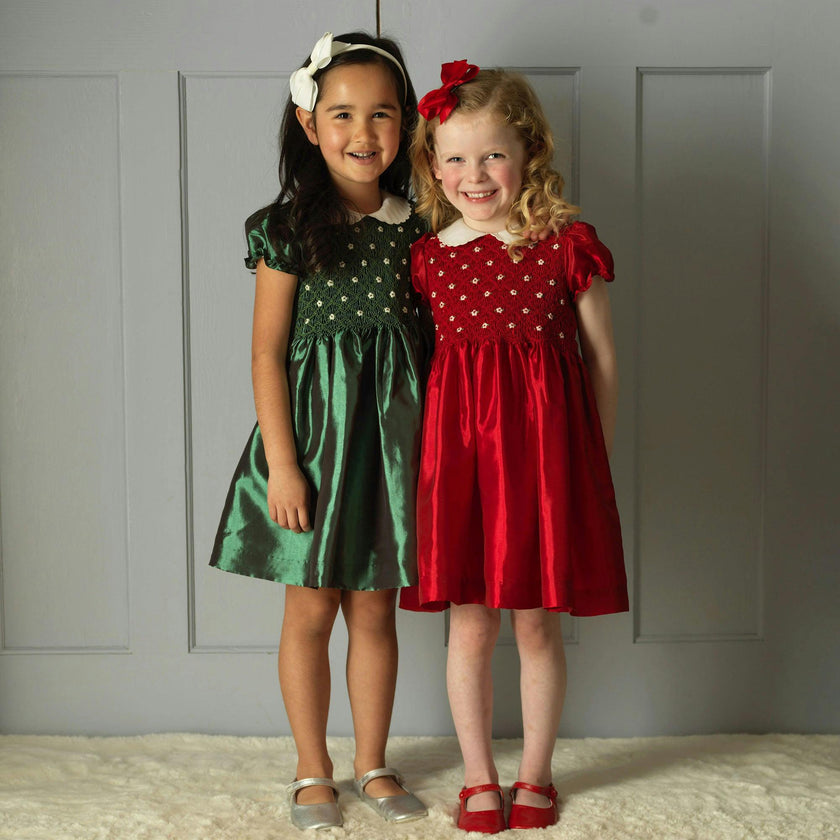 Red Taffeta Rosebud Smocked Dress