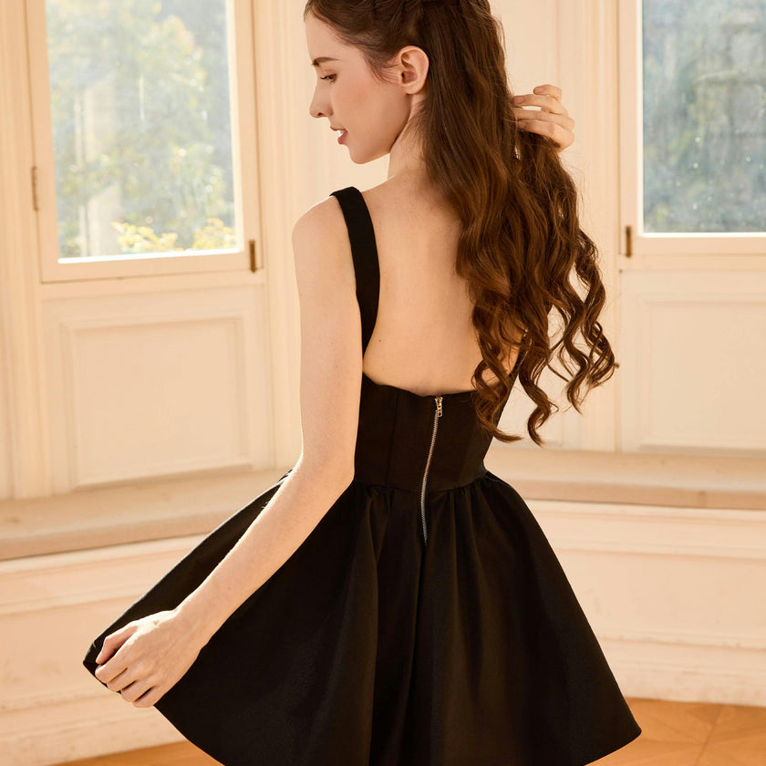 Black Andria Square-Neck Flared Dress