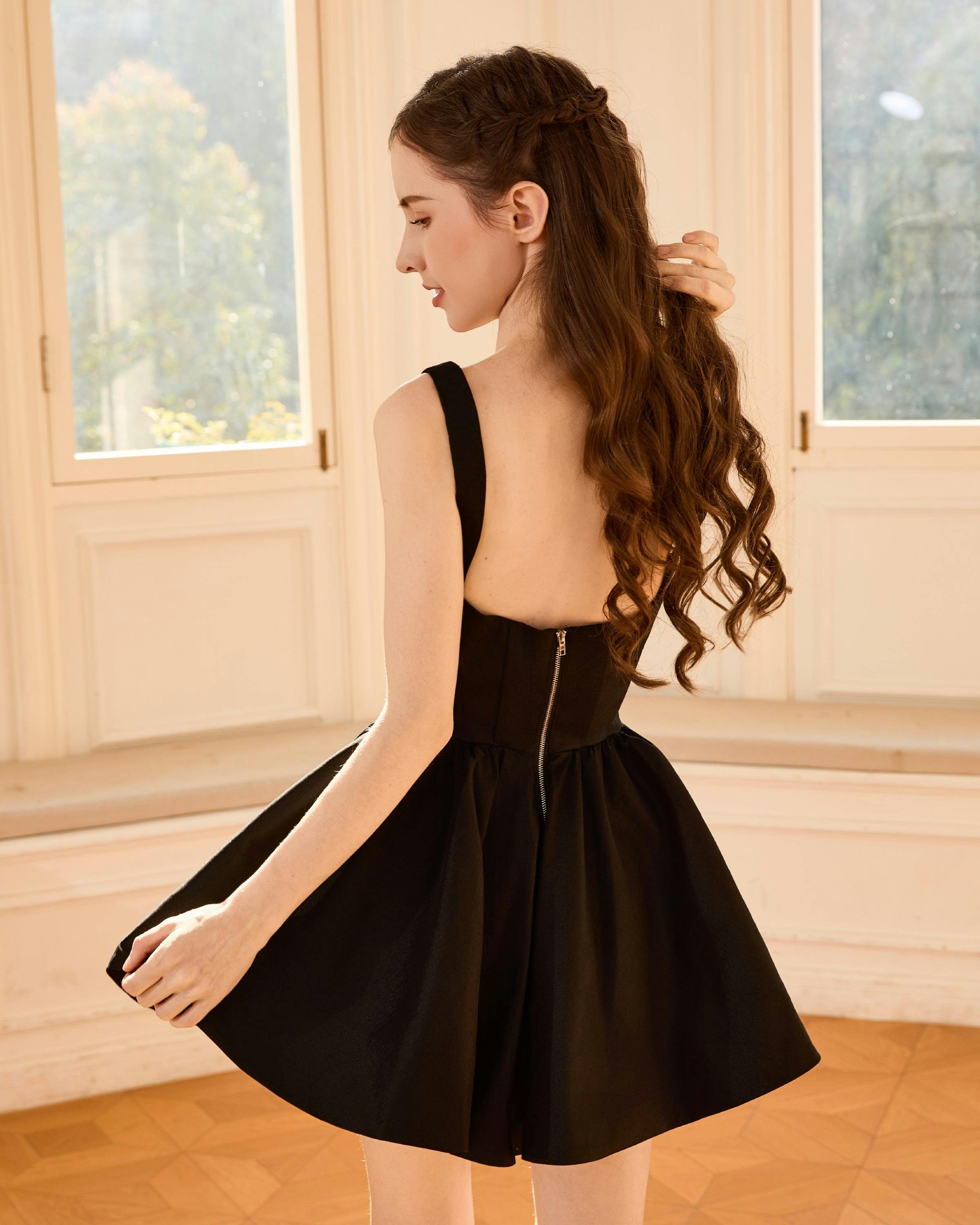 Black Andria Square-Neck Flared Dress