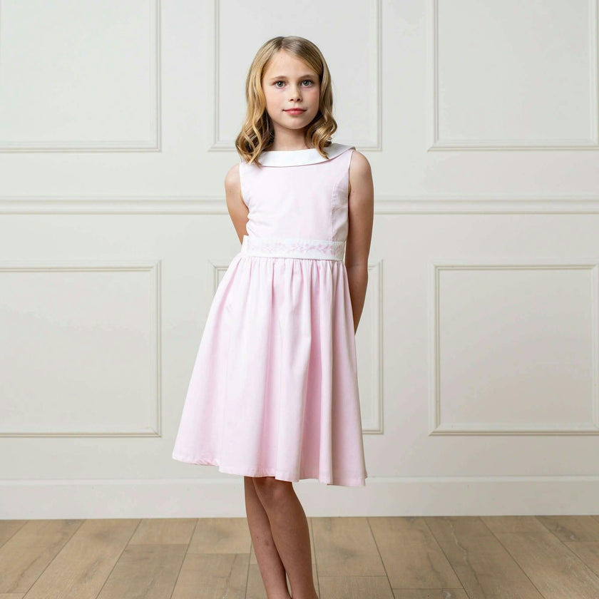 Organic Round Collar Sateen Party Dress with Embroidered Sash