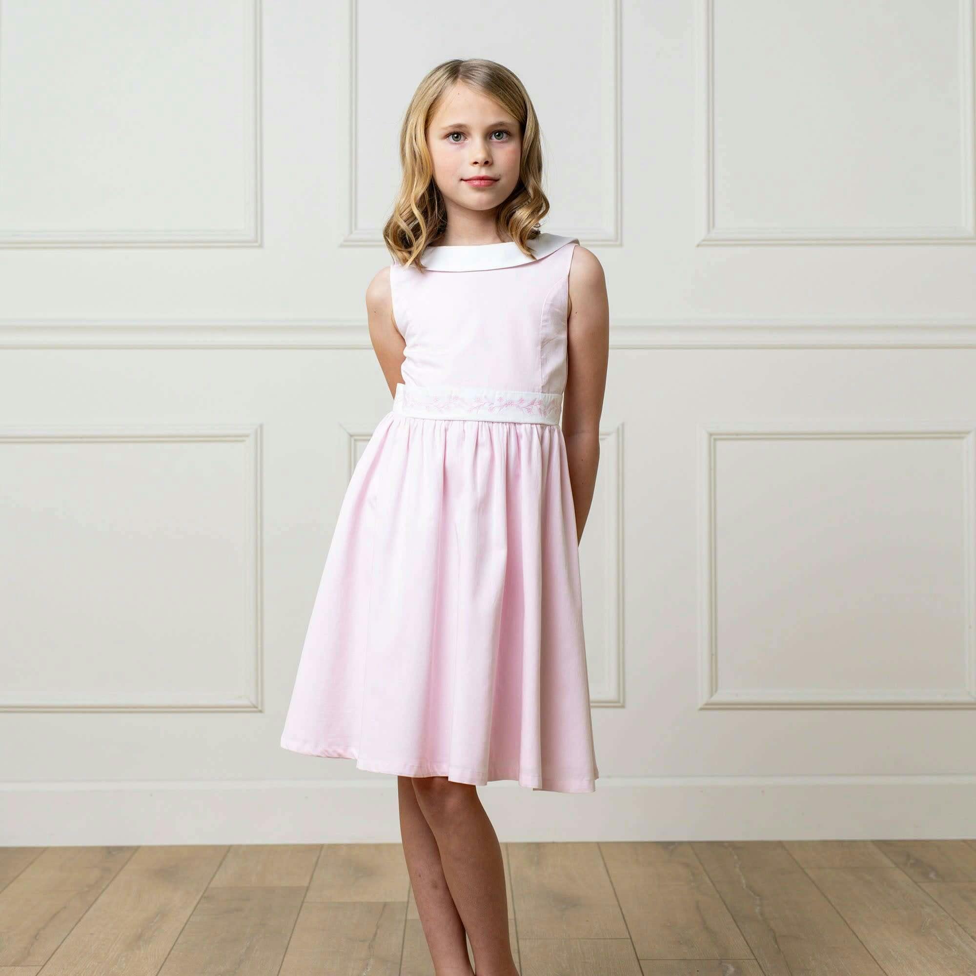 Organic Round Collar Sateen Party Dress with Embroidered Sash