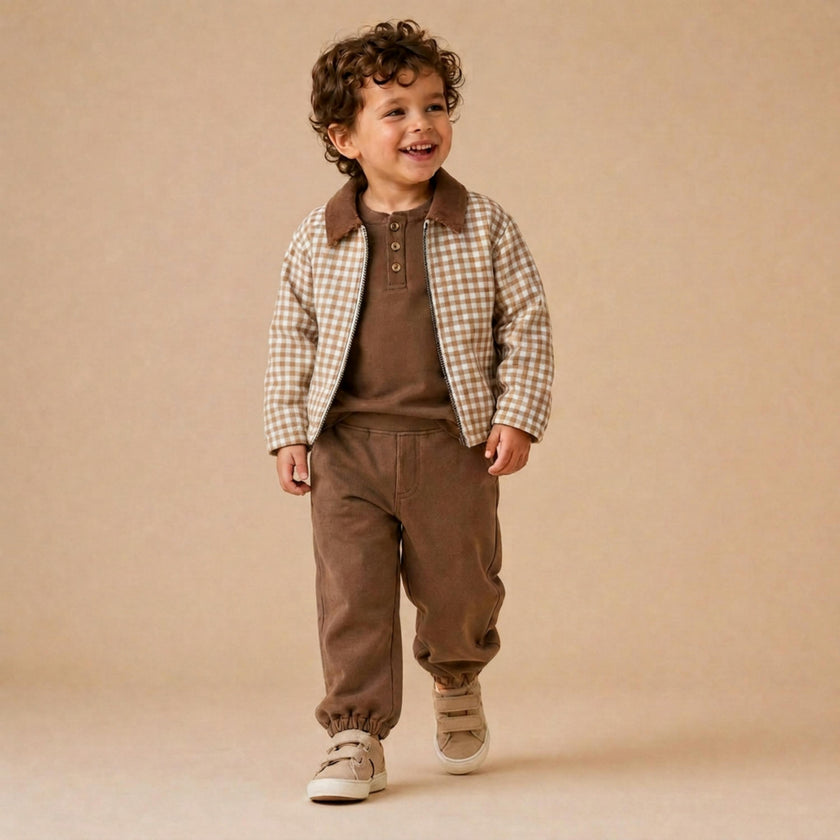 Organic Corduroy Collar Twill Jacket - Oat Gingham