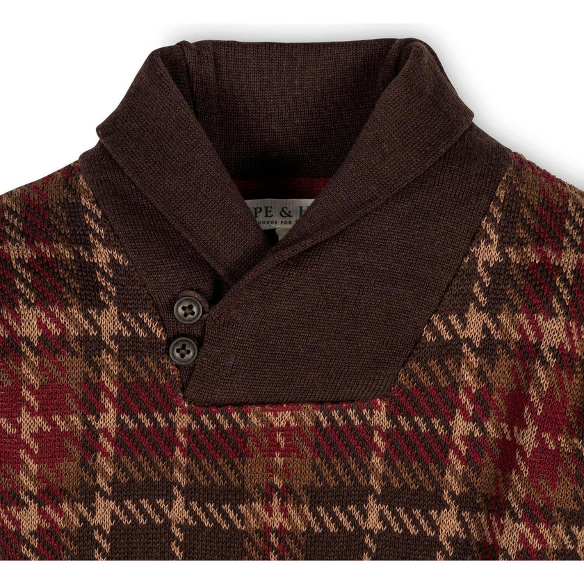 Boy's Organic Long Sleeve Intarsia Shawl Collar Sweater with Elbow Patches, Brown