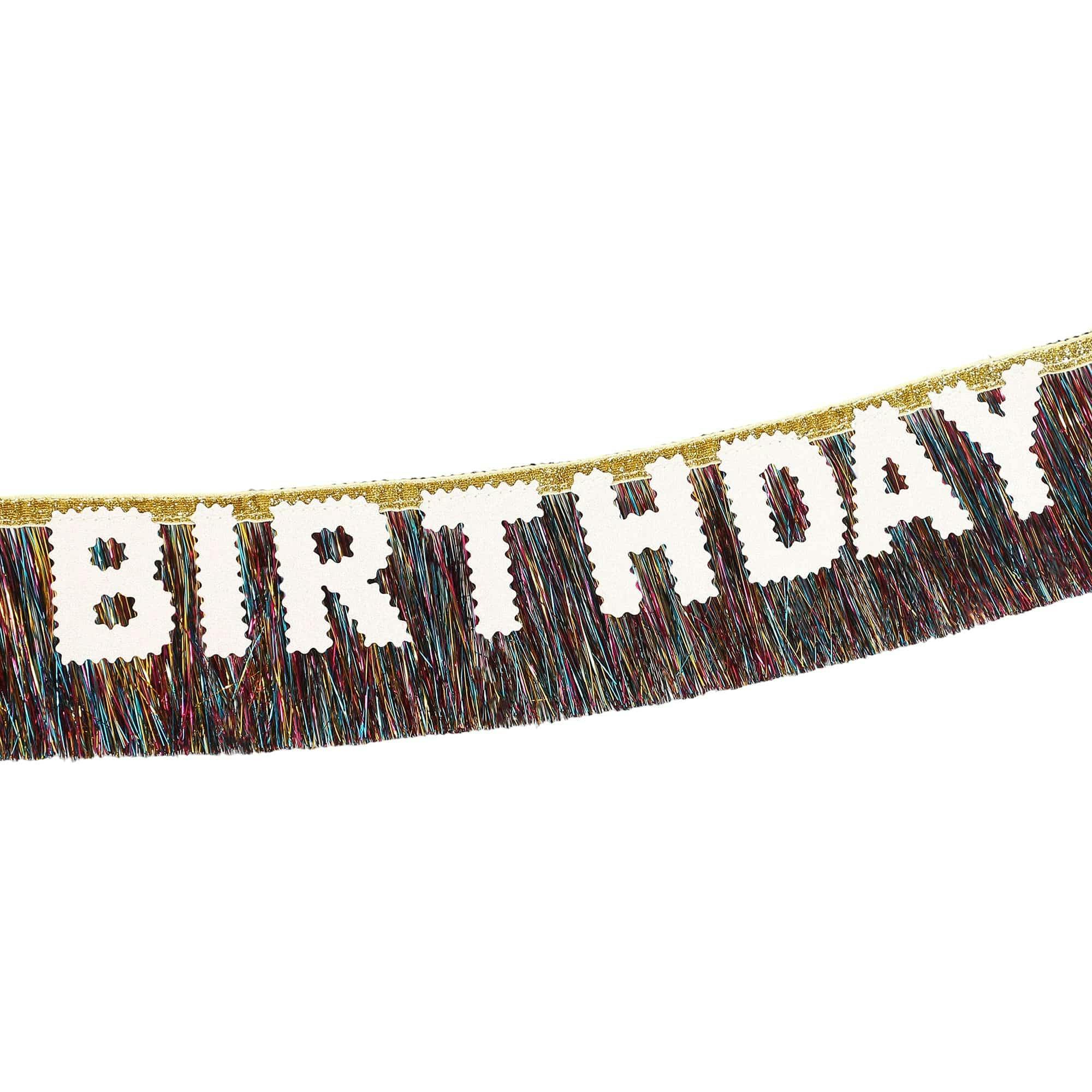 Packed Party Birthday Vibes Tinsel and Glitter Party Sash – 60 Inch Multicolor Tinsel Fringe with Iridescent Glitter Letters and Gold Binding Ties, One Size