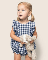 Baby's Twill Ruffled Romper in Navy Gingham