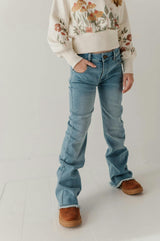 Girls Denim Jeans with Embroidery in Light Vintage Wash