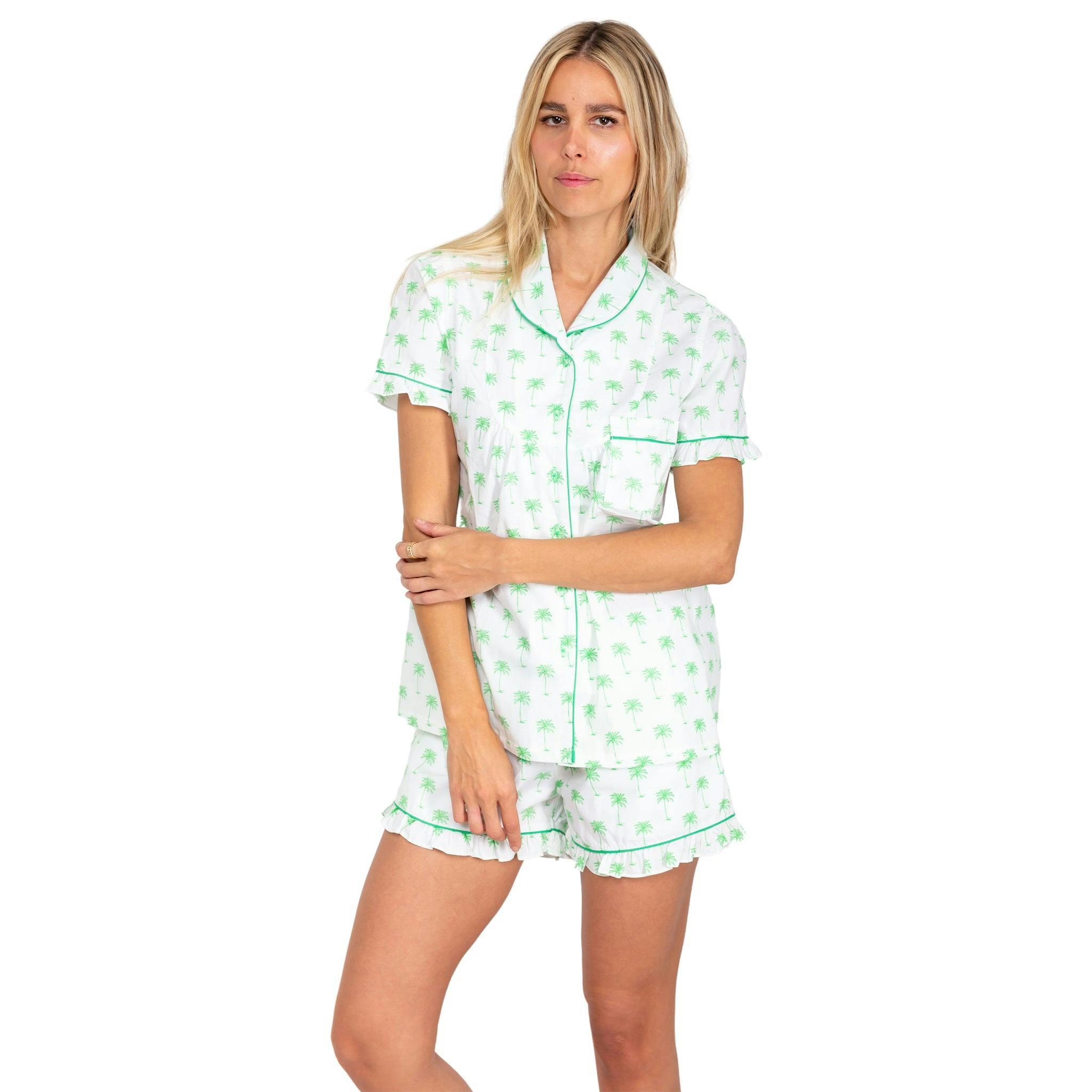 Women's Green Palm Tree Short PJ Set - Organic Cotton Poplin