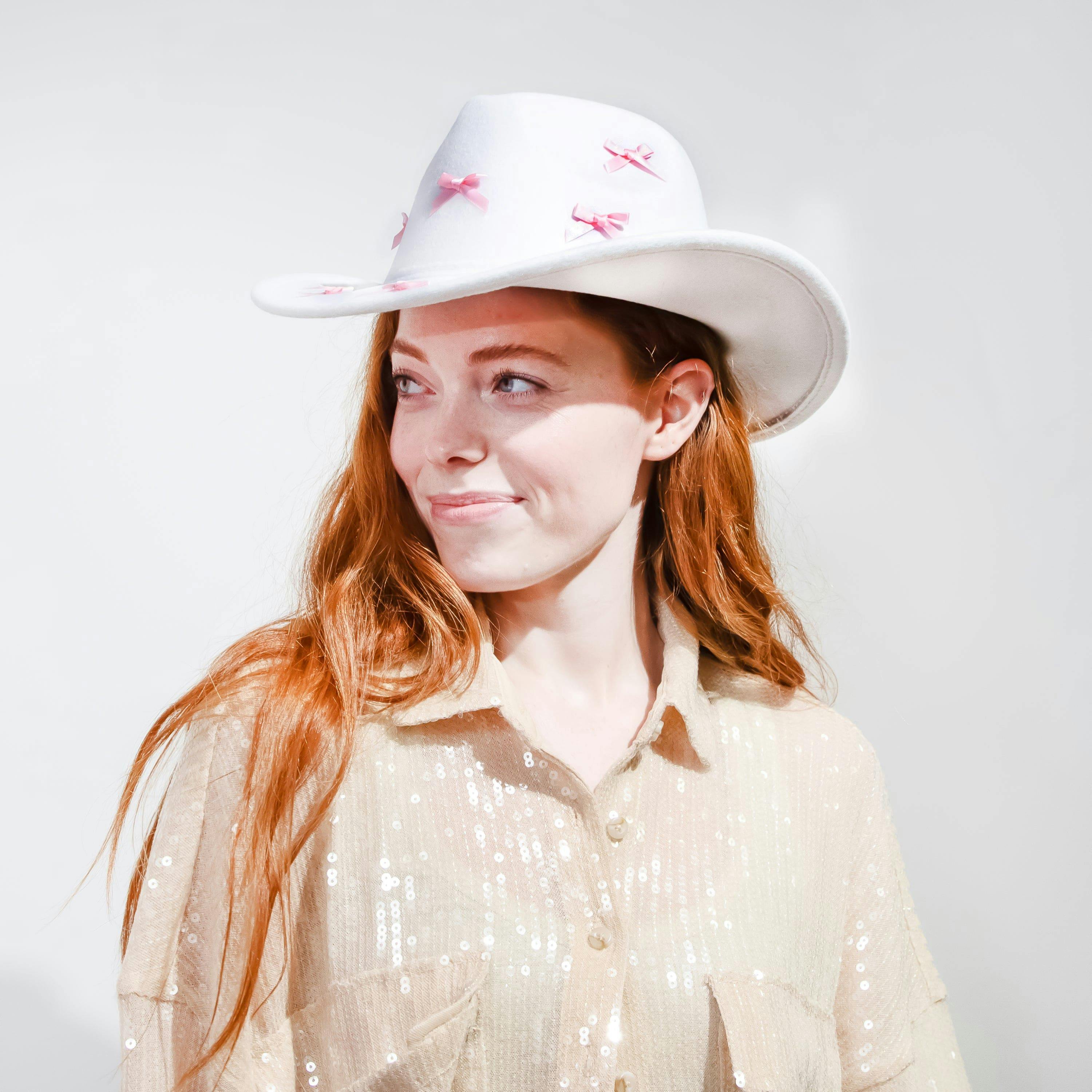 Packed Party Howdy Darling Pink Bow Cowboy Hat - White Felt Cattleman's Crease Cowgirl Hat with Pink Satin Ribbon Bows, One Size Fits All