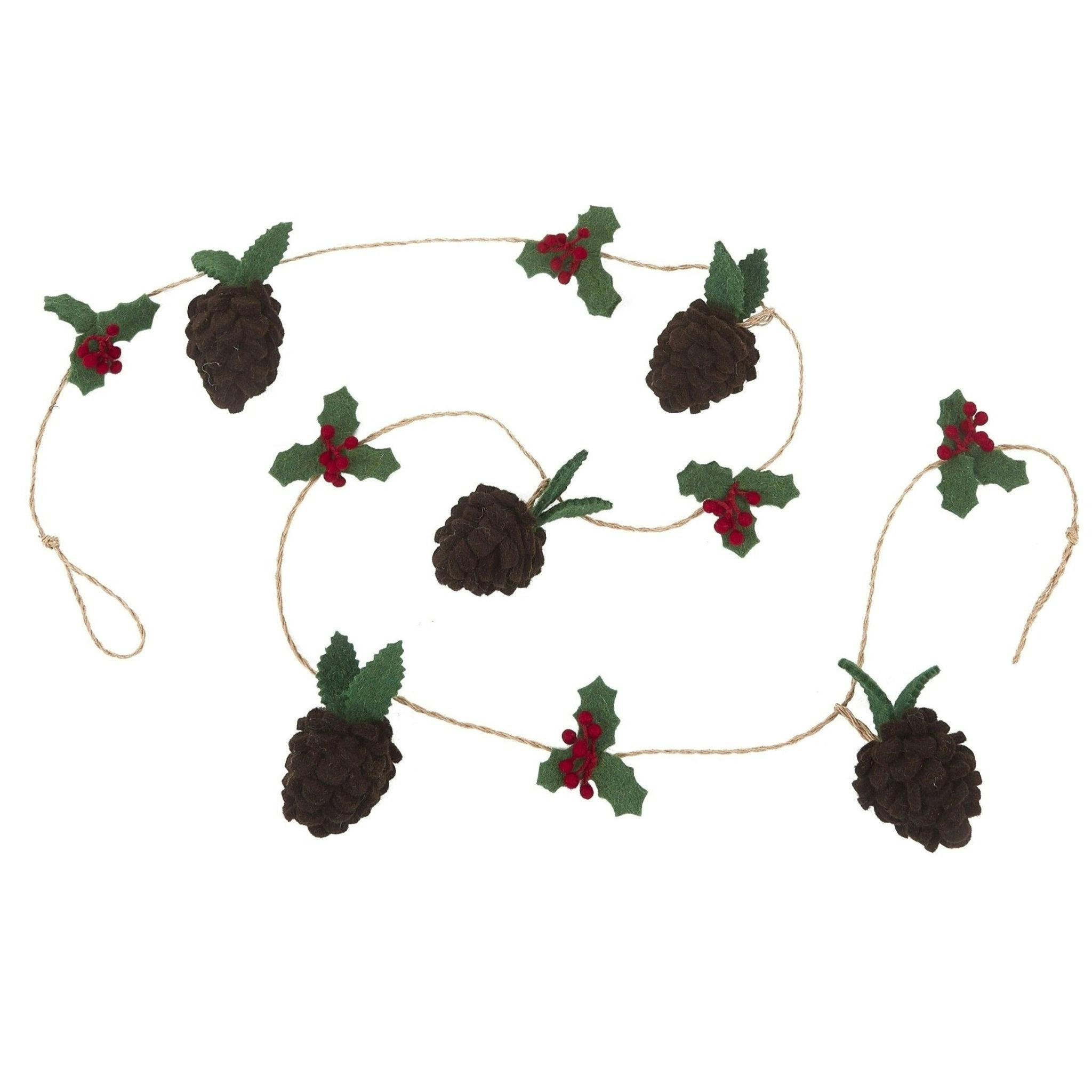 Handmade Christmas Garland and Bunting - Pinecones and Holly Berries Felt and Jute - 6'