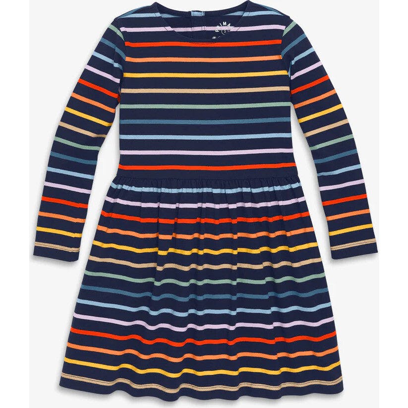 Kids long sleeve perfect pocket dress in rainbow stripe