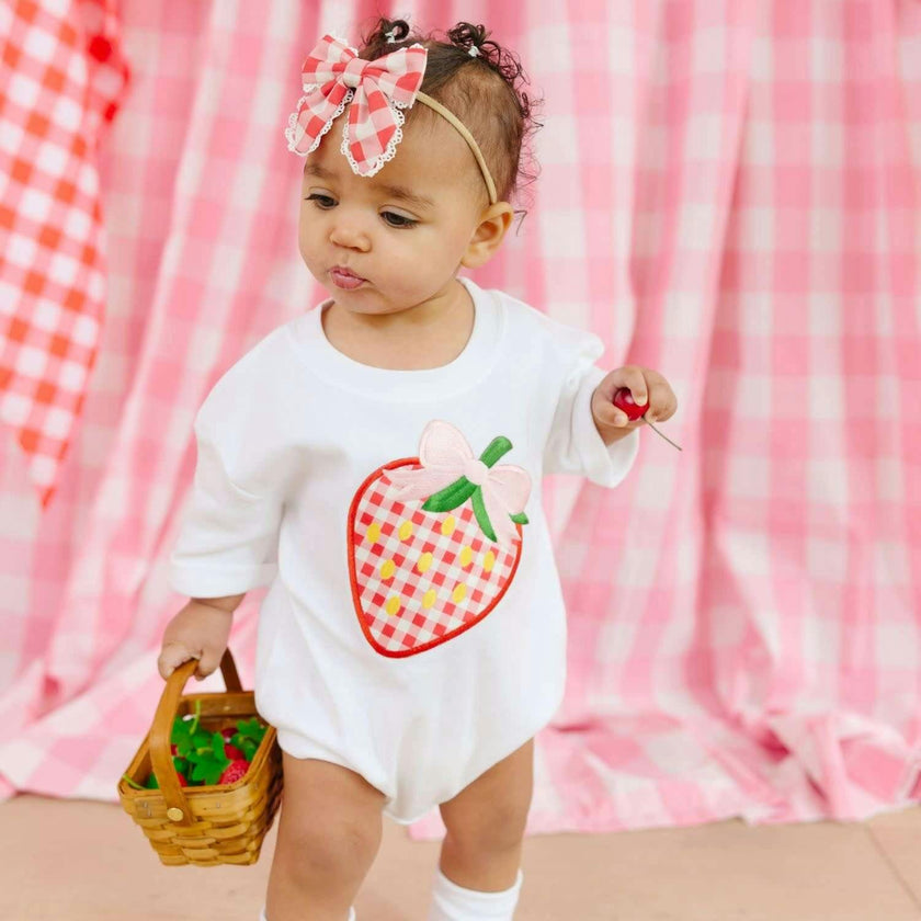 Strawberry Patchwork Short Sleeve Romper - White