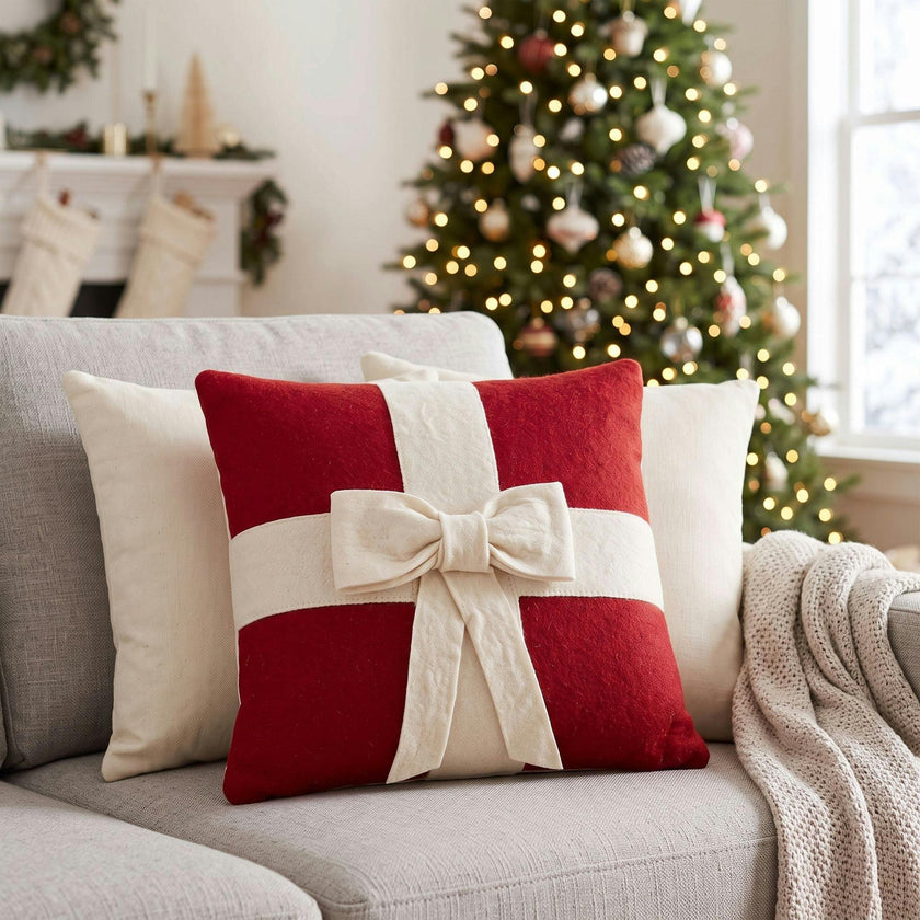 Cream Bow Red- Christmas Pillow Cover Hand Felted Wool - 20" / 14"