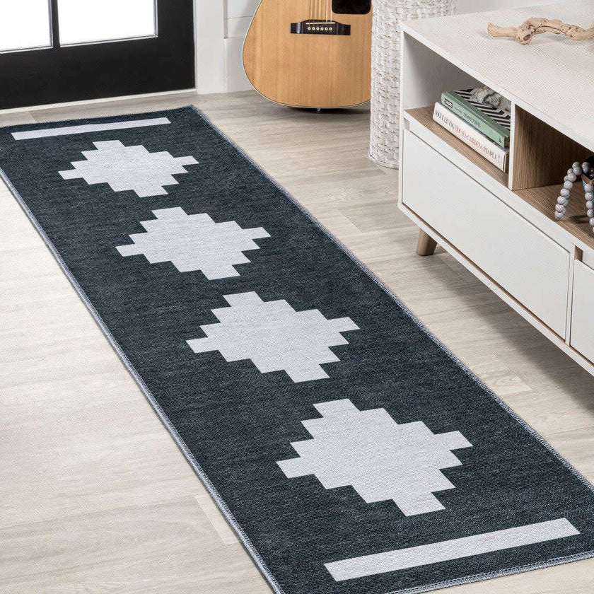 Adriel Geometric Medallion Machine-Washable Area Rug, Navy