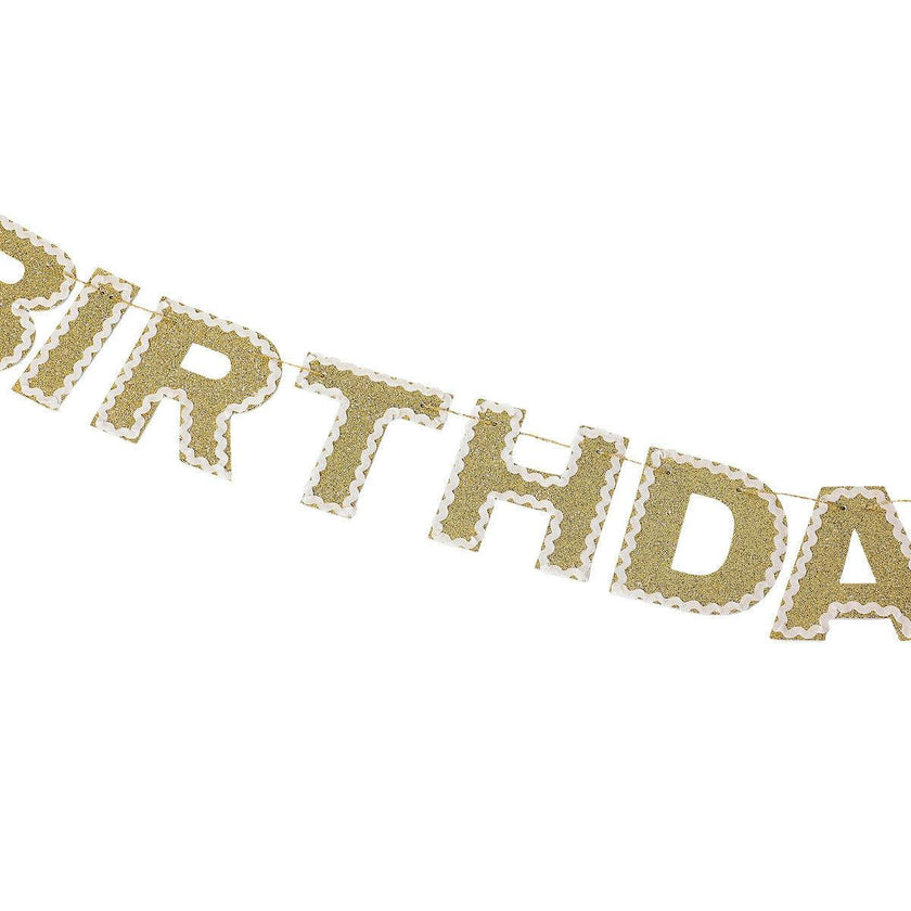 Packed Party Happy Birthday Gold Shimmer Reusable Banner - 80-Inch Glitter Gold Felt Letters with Ric Rac Trim for Birthday Parties and Celebrations