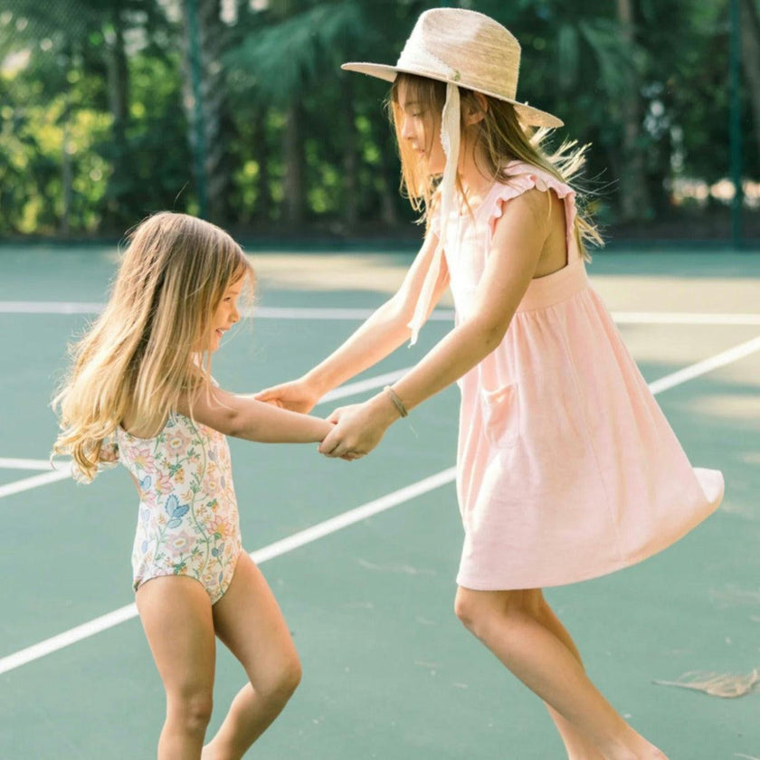 Zinnia Sun Hat for Little Girls (Age 4-10) - Long Pastel Pink Grosgrain Ribbon