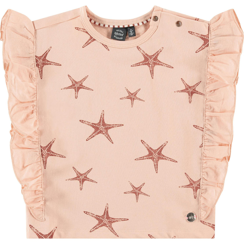 All-Over Graphic Print Side Ruffle T-Shirt