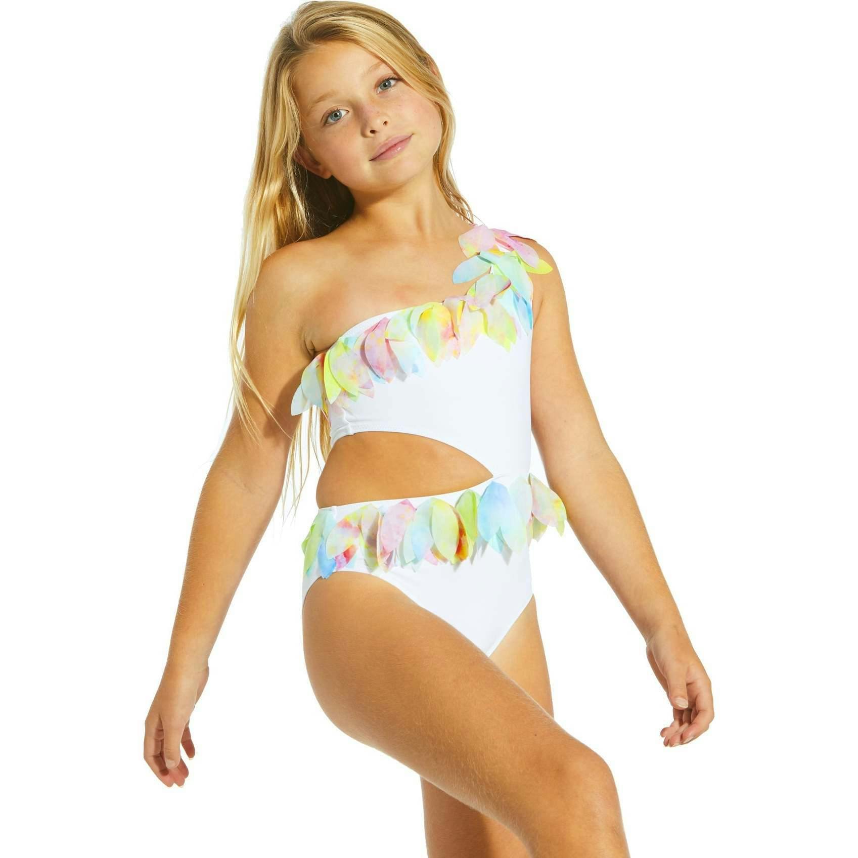 Citrus Petal Trim Side-Cut One Shoulder Sleeveless Swimsuit