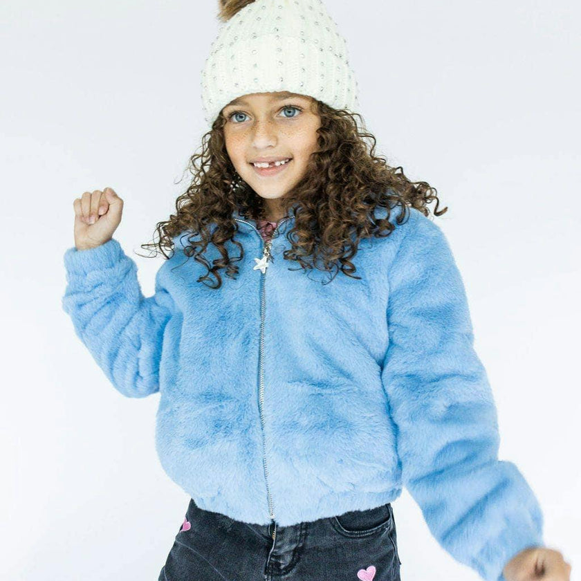 Rainbow Faux Fur Coat Baby Blue