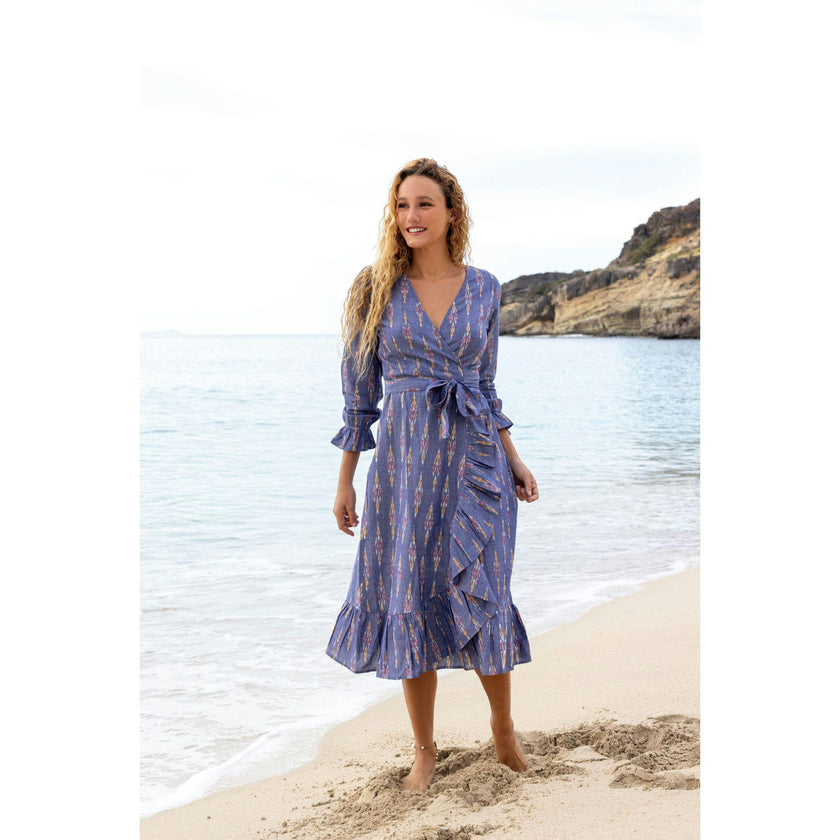 Genevieve Womens Ruffle Wrap Dress Chambray Ikat, blue