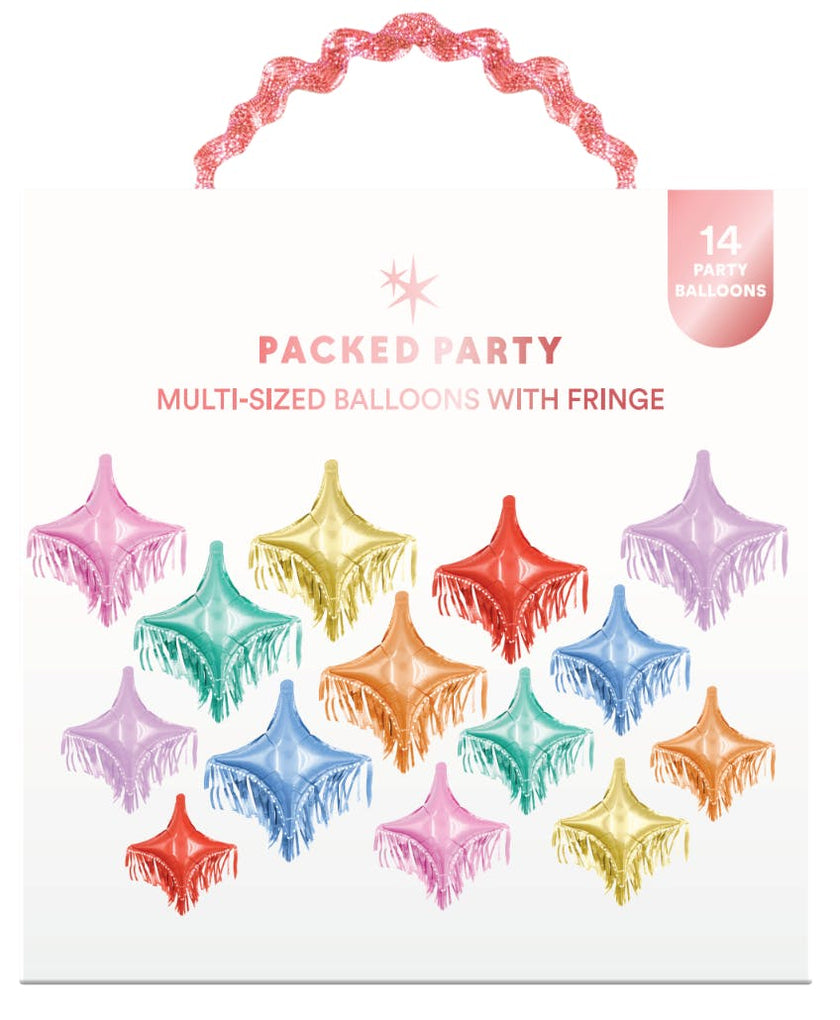 Packed Party Rainbow Fringe Spark Mylar Balloon Pack 14ct - Multicolor Spark-Shaped Balloons with Shiny Fringe Tassels, Large 16x14 and Small 12x10.5 Inch