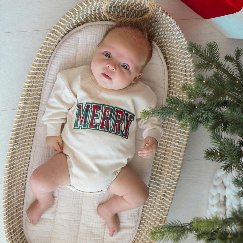 Merry Tartan Patch Christmas Long Sleeve Romper
