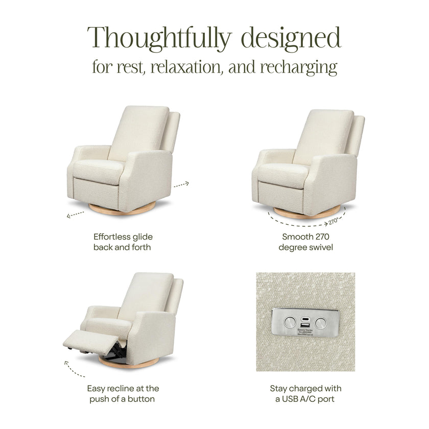 Crewe Electronic Recliner & Swivel Glider in Ivory Boucle with Light Wood Base