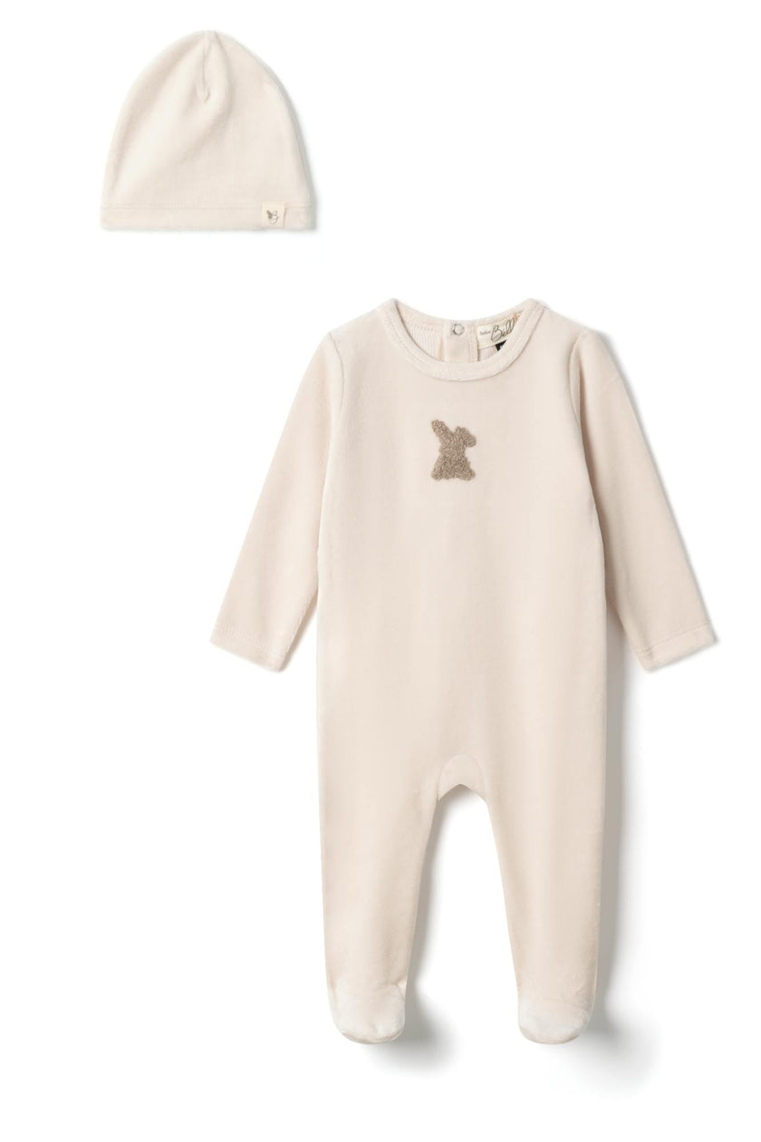 Applique Snap Front Velour Romper and Hat Two Piece Set