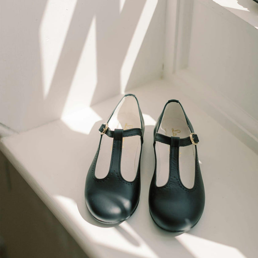 Black Leather Girl T-Bar Shoes