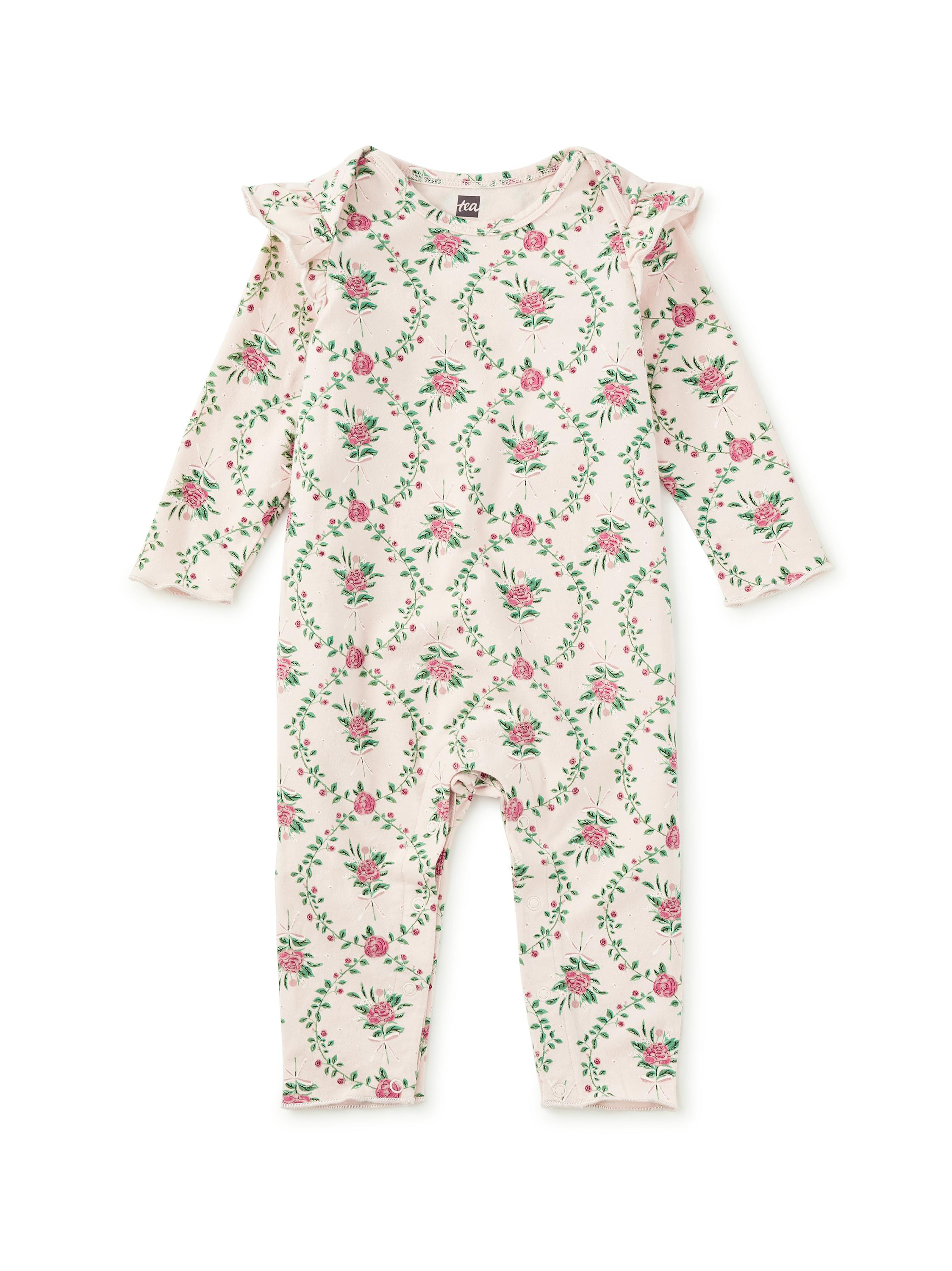 Ruffle Shoulder Baby Romper, Wallpaper Floral