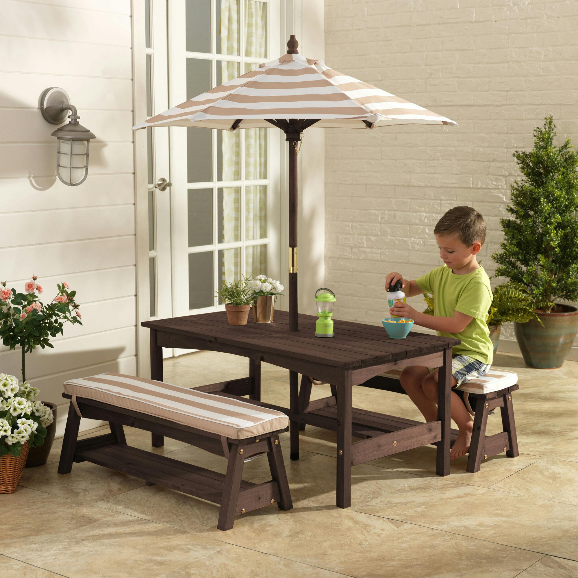 Outdoor Wooden Table & Bench with Cushions and Umbrella