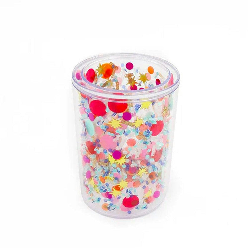 Celebrate Every Day Confetti Pen Cup Organizer - Double Wall Clear Acrylic Desk Organizer with Trapped Multicolor Confetti for Home and Office