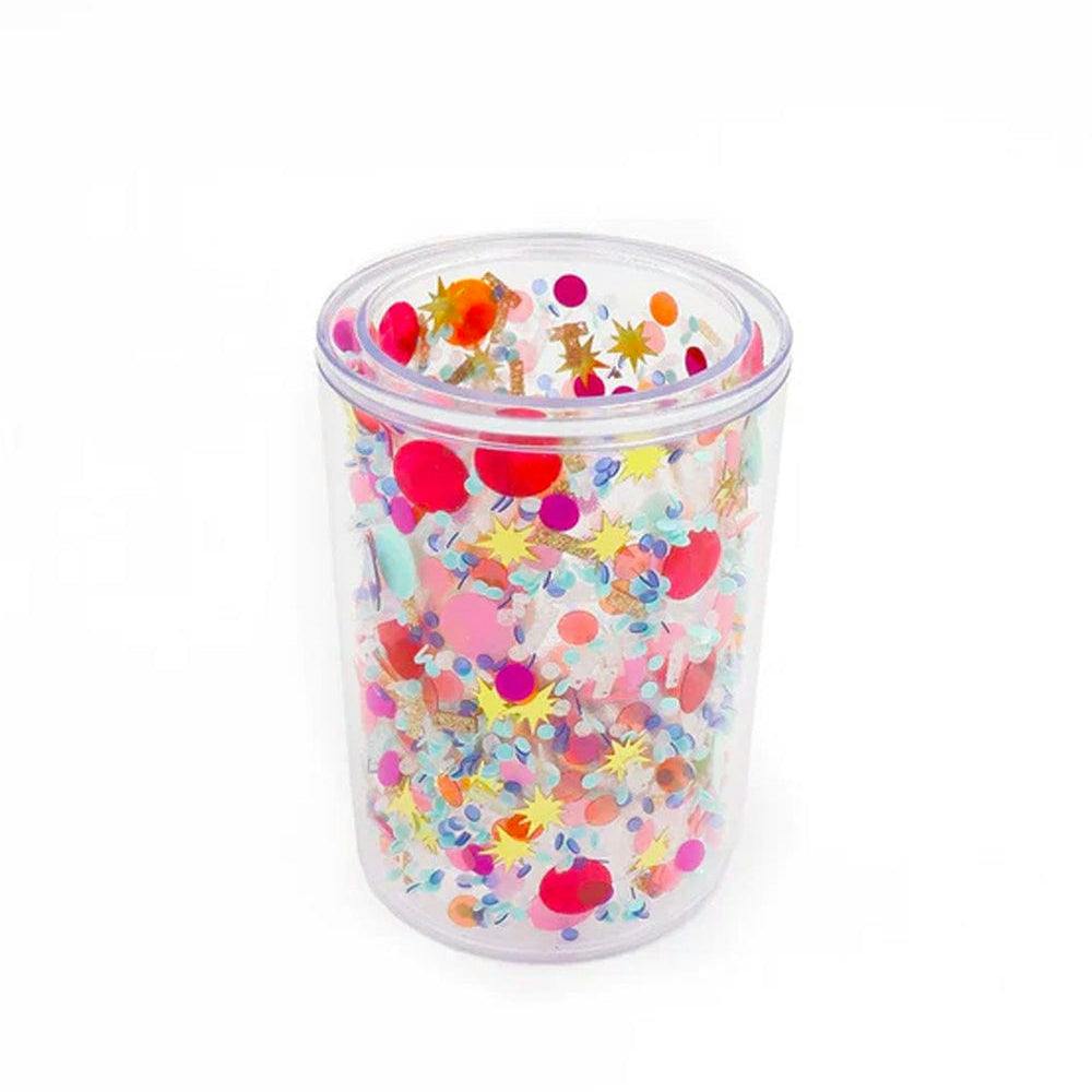 Celebrate Every Day Confetti Pen Cup Organizer - Double Wall Clear Acrylic Desk Organizer with Trapped Multicolor Confetti for Home and Office