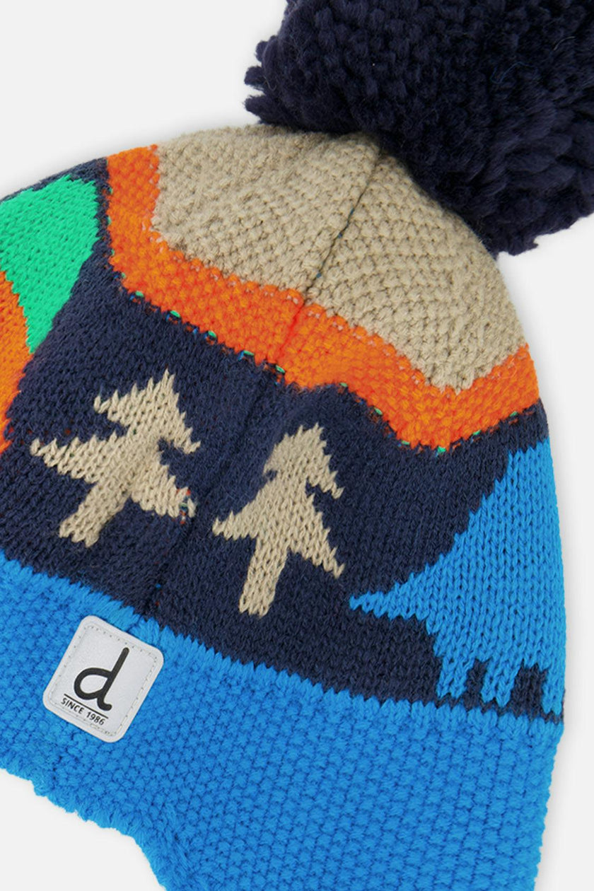 Winter Peruvian Knit Hat with Pompom Blue Dinosaur Print