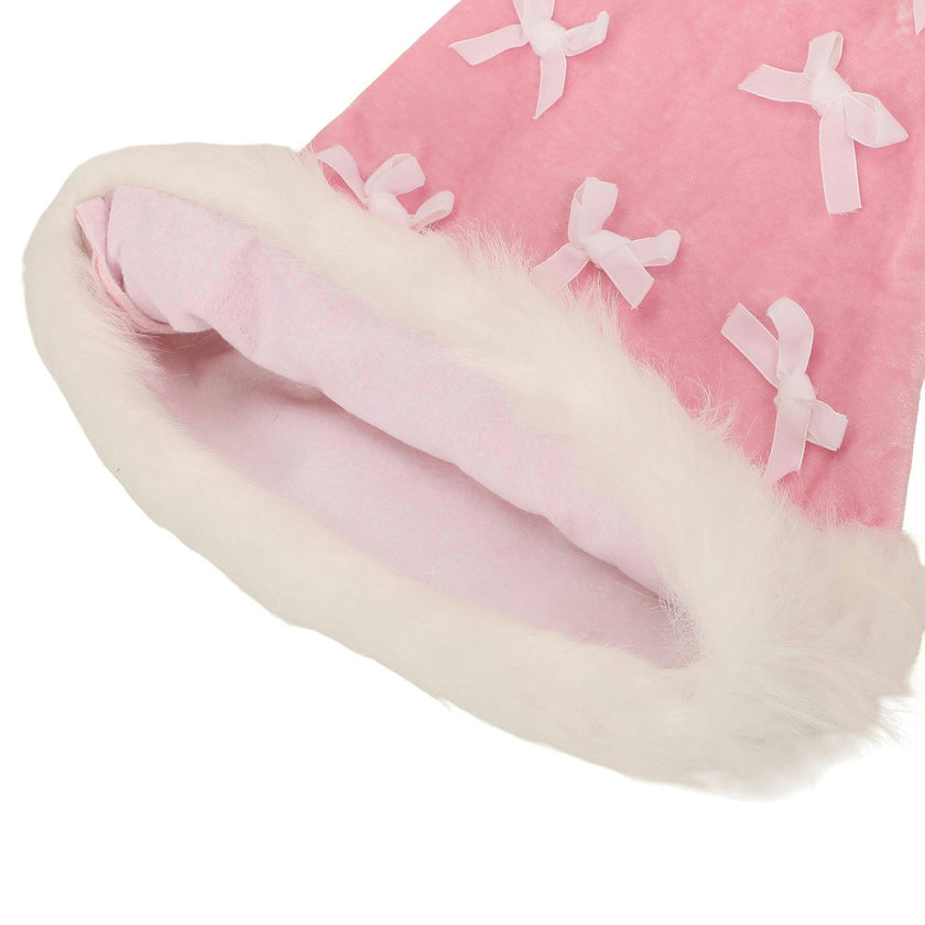 Packed Party Pink Velvet and Bows Santa Hat - Pastel Pink Plush Trim Santa Hat with Festive Bows and Pom Pom for Christmas Parties and Gift Exchanges