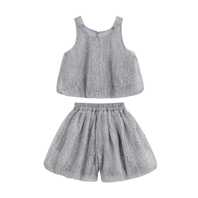 Gray Floral Embroidered Short Set