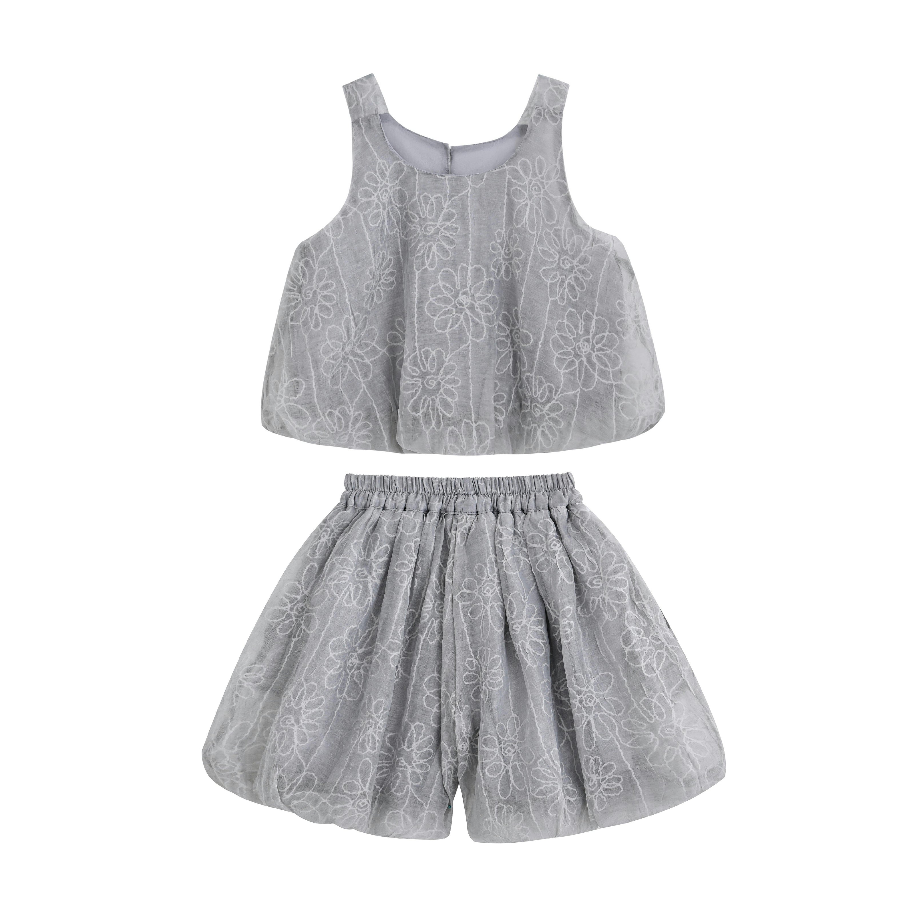 Gray Floral Embroidered Short Set