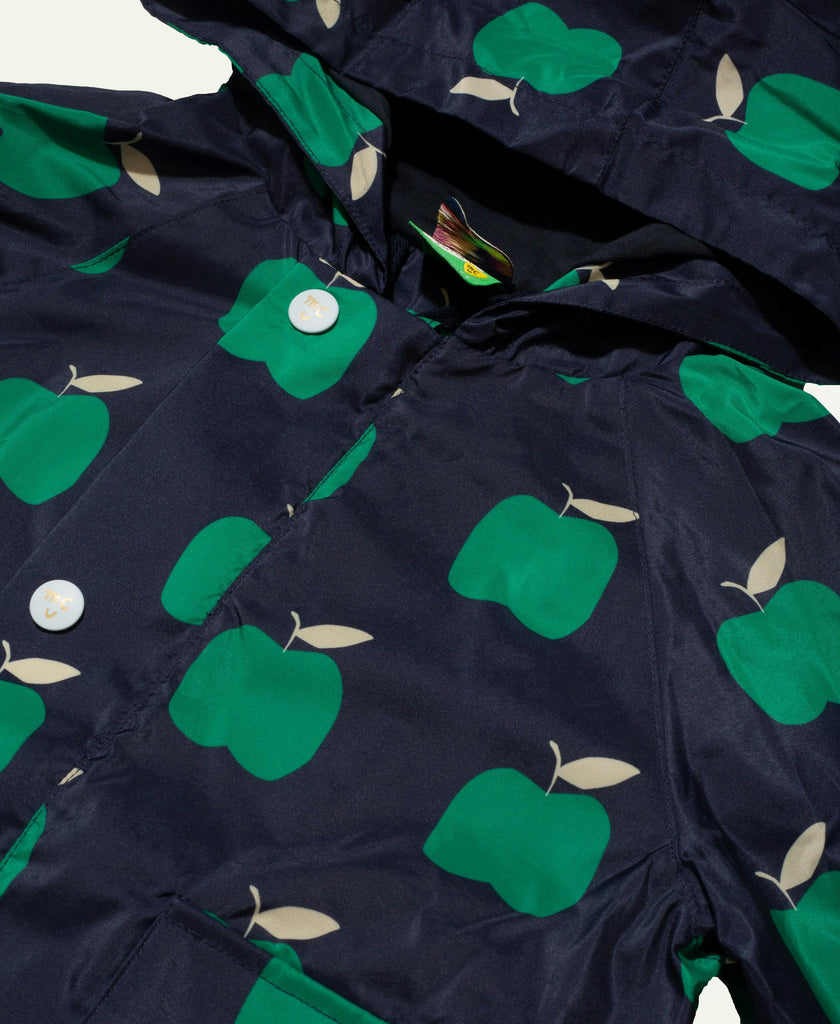 Baby Apple Print Ribbed Cuff Hooded Zipper Raincoat