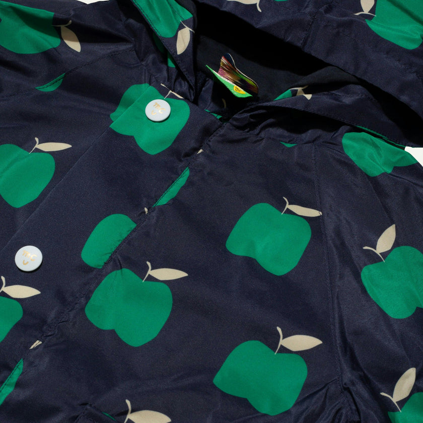 Apple Print Ribbed Cuff Hooded Zipper Raincoat, Blue