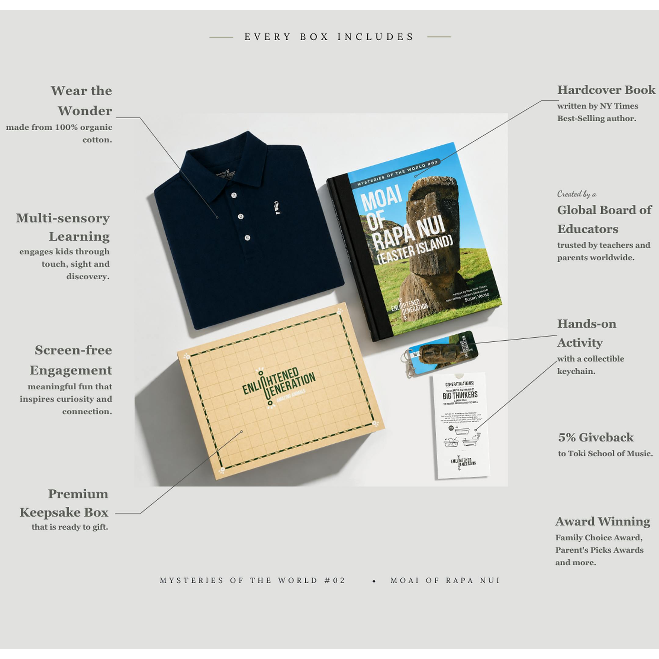 Moai Ancient Wonders Gift Box with Embroidered Kids Polo, Book, and Activities