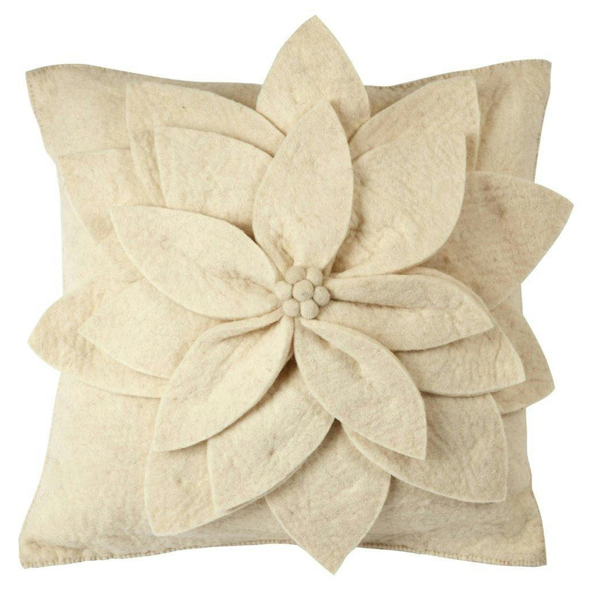 Hand Felted Wool Pillow - Cream 3D Flower Cream, 20"