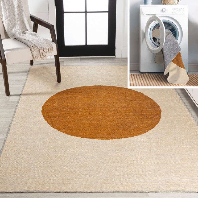 Cirkel Minimalist Geometric Dot Machine-Washable Area Rug, Orange
