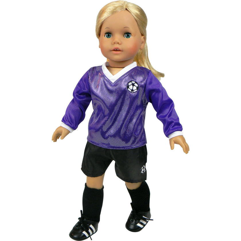 Sophia’s Purple Long-Sleeved V-Neck Jersey, Black Shorts, and Ball for 18” Dolls