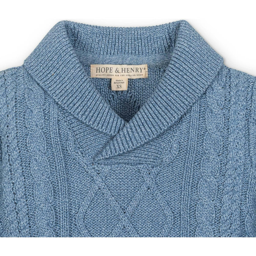 Organic Long Sleeve Shawl Collar Cable Sweater, Blue
