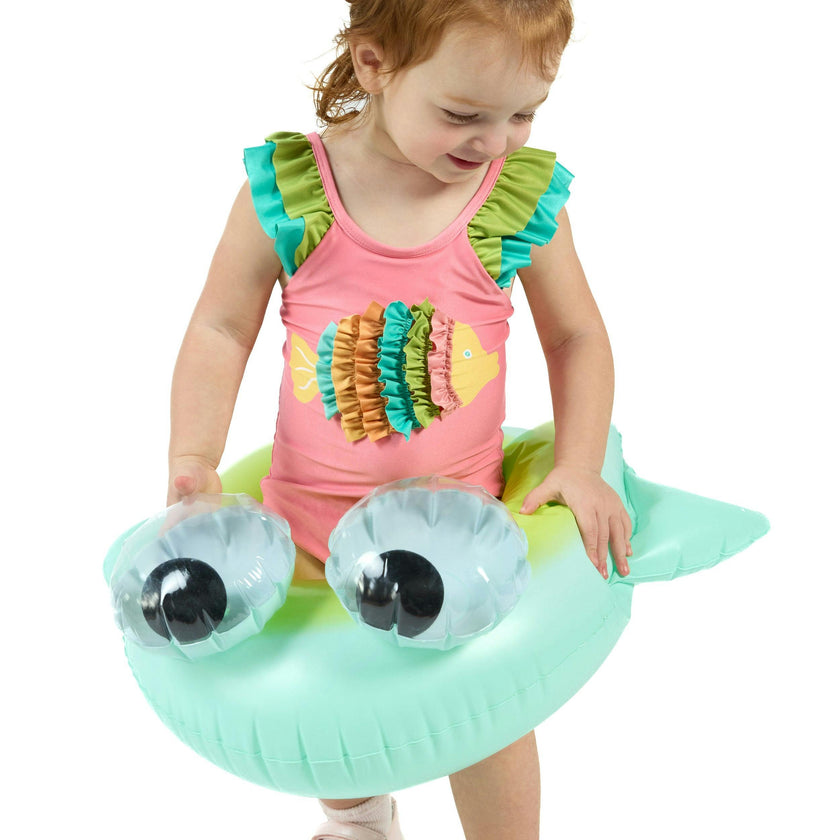 The Coral Reef Ruffle - Little Girls Pink Fish One Piece
