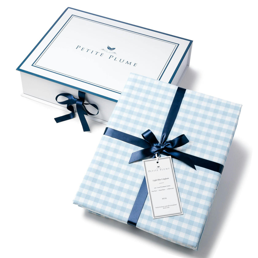 Luxe Premium Percale Bed Sheets in Light Blue Gingham