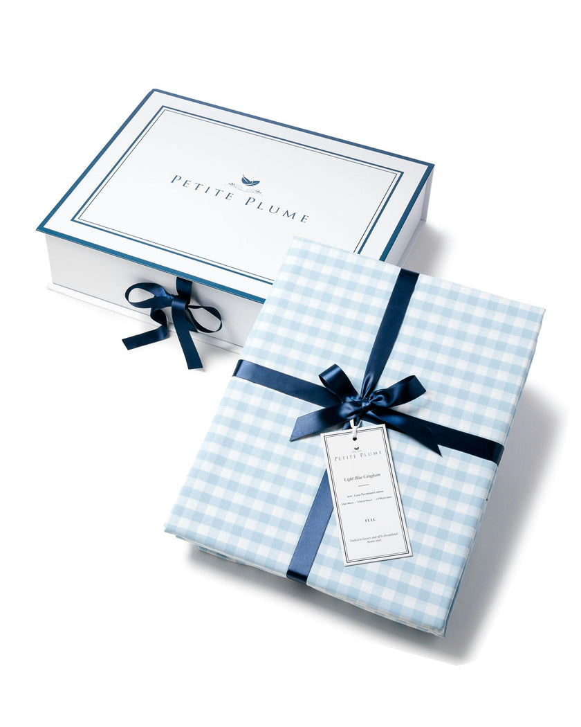 Luxe Premium Percale Bed Sheets in Light Blue Gingham