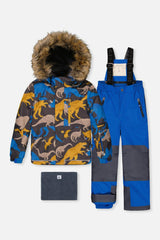 Two Piece Play Snowsuit Grey and Blue Dinosaur Print with Blue Pants